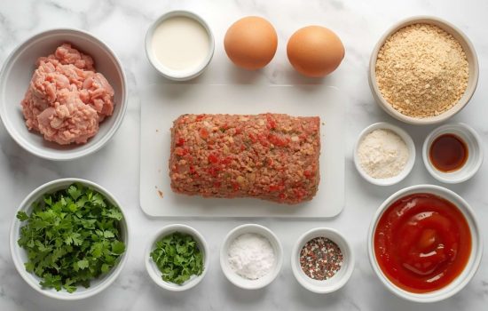 Turkey meatloaf ingredients flat lay in white bowls on white marble, bright overhead light.