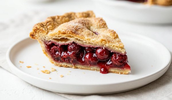 Close-up of a cherry pie slice showing jammy filling and buttery crust layers.