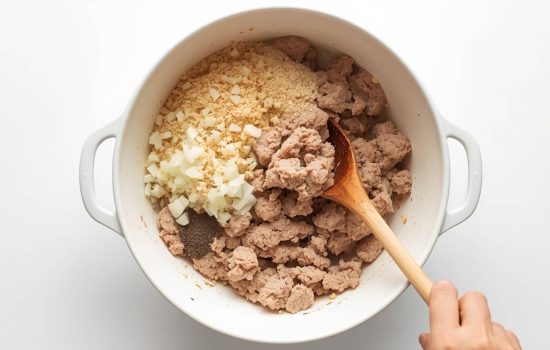 Ground turkey and breadcrumbs being mixed in white bowl with wooden spoon, white table.