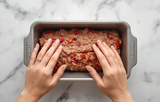 Hands shaping turkey meatloaf into loaf pan on white marble, top-down view.