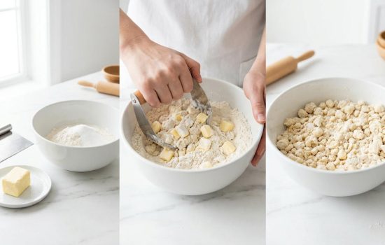 Cold butter being cut into dry ingredients for pie dough.