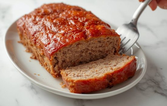 Baked golden turkey meatloaf resting on white plate, first slice lifted, bright light.