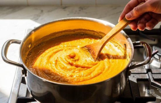 Step 4 — creamy orange pumpkin butter simmering gently in a heavy-bottomed pot with small bubbles, hand stirring with heat-resistant spoon
