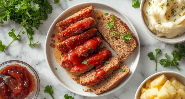 Styled lifestyle food photography of The Best Turkey Meatloaf Recipe served on a white marble table, surrounded by fresh parsley, a small bowl of ketchup glaze, and a side of creamy mashed potatoes, bright airy natural afternoon light, no shadows, no smoke, clean white table, minimal styling, food blog photography style