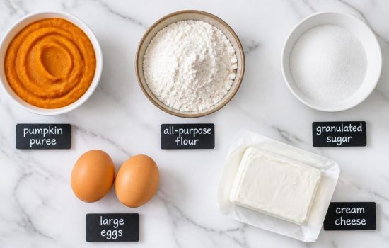 All ingredients for pumpkin cream cheese muffins arranged on a white marble table including pumpkin puree, flour, sugar, eggs, and cream cheese.