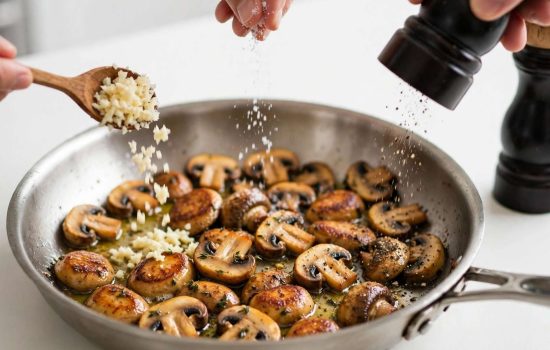 Garlic, salt, and pepper added to seared mushrooms in a skillet.