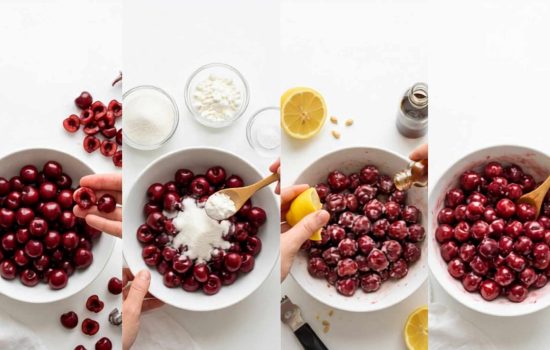 Cherry filling ingredients being tossed together in a white bowl.