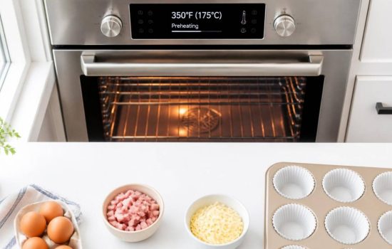 Step 1 in making Ham & Cheese Egg Cups: oven preheating to 350°F with digital display showing temperature, natural window light from left, top-down view, clean marble countertop, ultra-realistic food blog style