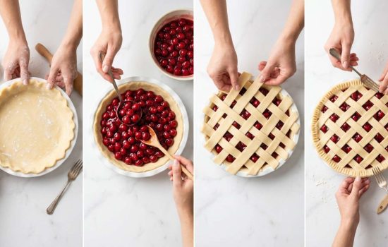 Cherry pie being assembled in a pie dish with a top crust.