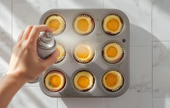 Step 2 in making Ham & Cheese Egg Cups: hand greasing white muffin tin with cooking spray, natural light, top-down view, clean marble countertop, soft shadows, ultra-realistic food blog style