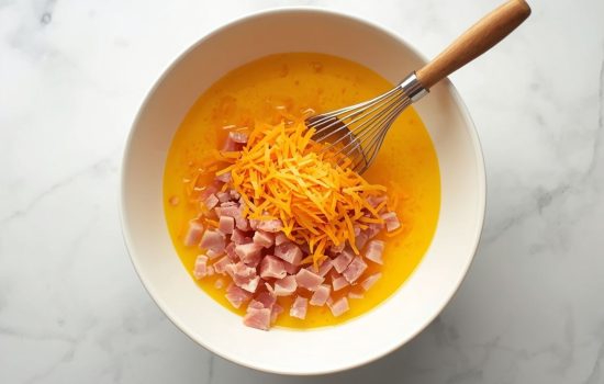 Step 3 in making Ham & Cheese Egg Cups: overhead shot of white ceramic mixing bowl with eggs, ham, and cheese being stirred together with wooden spoon, slight texture and color contrast visible, soft natural light, food blog photography