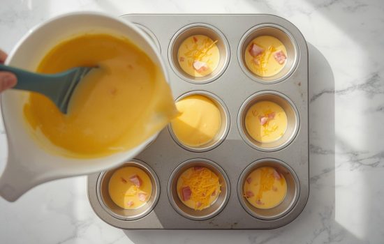 Step 4 in making Ham & Cheese Egg Cups: egg mixture being poured into muffin tin cups three-quarters full, wooden spatula mid-action, warm kitchen light, shallow depth of field, food blog photography