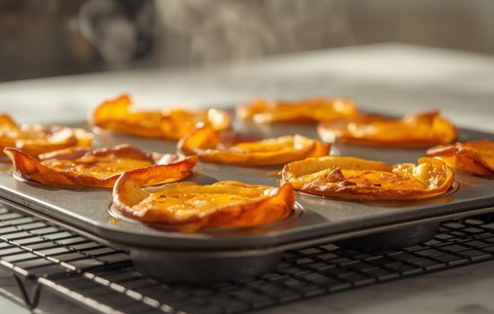 Step 5 in making Ham & Cheese Egg Cups: golden-brown egg cups in muffin tin fresh from oven, steam rising slightly, resting on cooling rack, warm lighting, ultra-realistic food photography