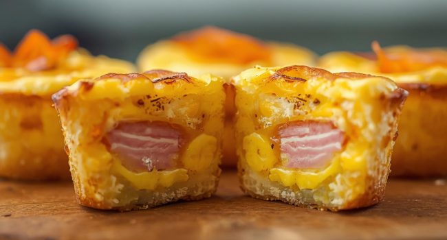 Overhead view of Ham and Cheese Egg Cups on a white table with a clean, bright breakfast setup