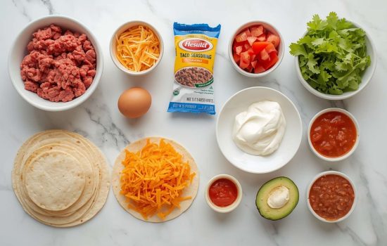 All beef taco ingredients on white marble countertop, overhead view