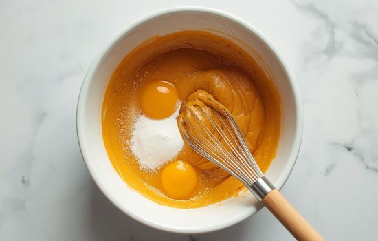 Pumpkin puree, sugar, and eggs being whisked together in a white ceramic bowl on a white marble surface for pumpkin muffin batter.