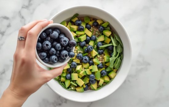 Add the Berries-avocado blueberry quinoa salad