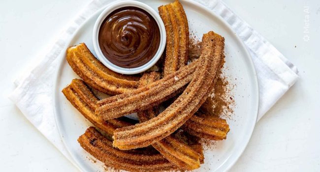 Golden homemade churros arranged on a white ceramic plate dusted with cinnamon sugar, with a small bowl of chocolate dipping sauce on a white table.