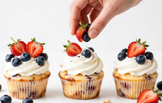 Topping cupcakes with whipped cream and berries