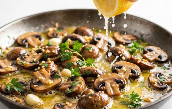 Butter, parsley, and lemon added to garlic mushrooms in a skillet