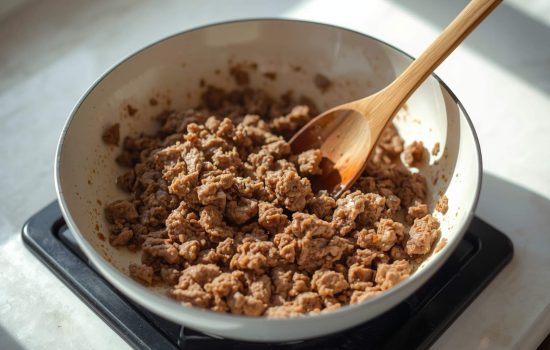 Ground beef browning in white skillet, wooden spoon, bright light