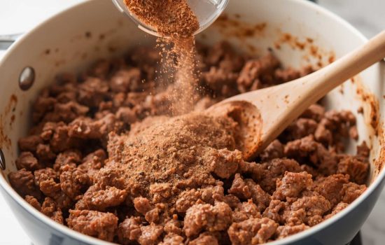 Taco seasoning added to cooked ground beef in skillet, being stirred