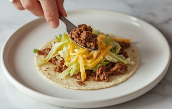 Hand assembling beef taco on white plate with beef and toppings