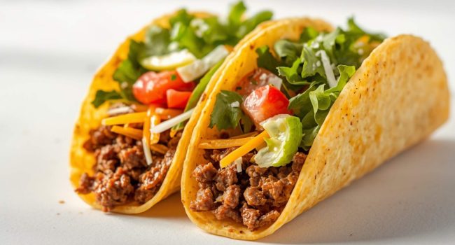 Close-up cross section of a beef taco showing seasoned ground beef filling, shredded cheese, crisp lettuce, and diced tomatoes inside a crispy tortilla shell