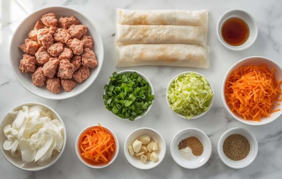 All ingredients for Brandon's Egg Roll Tacos arranged on a white wooden table including pork, wrappers, cabbage, and spices.