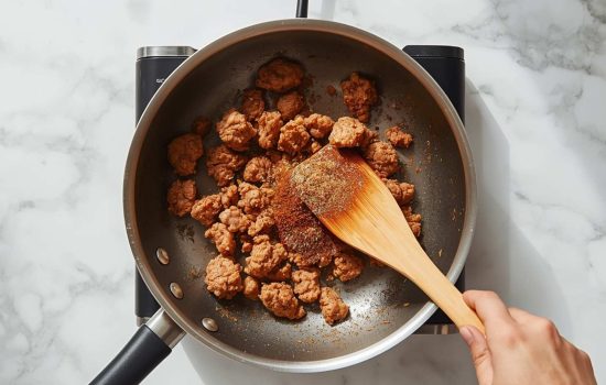 Seasoned ground pork with cabbage and carrots cooking in a non-stick skillet for Brandon's Egg Roll Tacos filling.