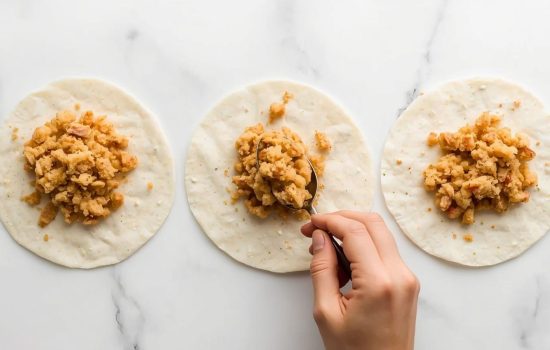 Egg roll wrappers laid flat on a white marble surface filled with savory pork and vegetable mixture ready to fold.