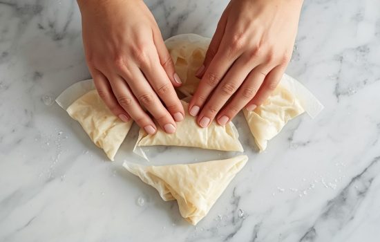Hands carefully sealing the edges of folded egg roll tacos on a white marble surface before frying.