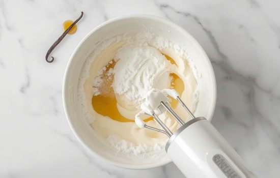 Softened cream cheese, powdered sugar, and vanilla being beaten into a smooth creamy filling in a white bowl on a white marble table.