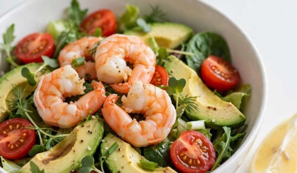 Overhead view of a fresh shrimp and avocado salad with lemon dressing in a white bowl.