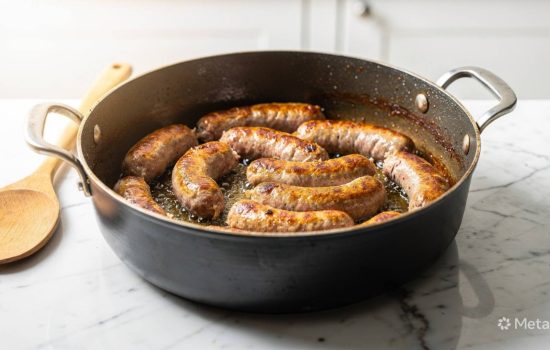 Step 1 of making Zuppa Toscana: Italian sausage browning in a large pot over medium heat, golden edges visible, top-down view, clean white marble countertop
