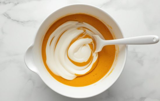 Cream cheese filling being folded into orange pumpkin batter with a silicone spatula in a white bowl on a white marble surface.