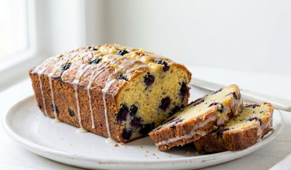 Lemon blueberry bread loaf captured at a 45-degree angle on a white plate.