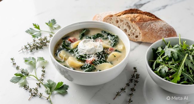 Overhead flat lay of creamy Zuppa Toscana soup in a white ceramic bowl, garnished with fresh kale and crumbled bacon, small bowl of Parmesan cheese on the side, white linen napkin, natural daylight food photography