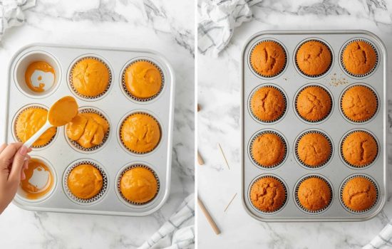 White muffin tin filled with pumpkin cream cheese batter next to freshly baked golden-brown muffins on a white marble table.
