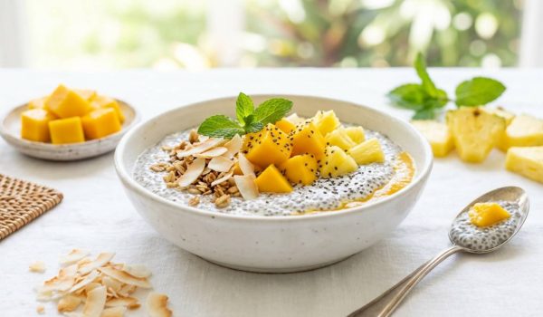 Styled tropical chia pudding bowl on a white table with fruit