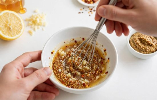 Whisking the hot honey mustard glaze in a bowl