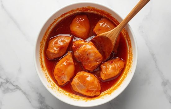 Chicken pieces being coated in a red gochujang marinade in a white bowl.
