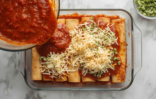 Add sauce and toppings - Christmas Enchiladas: Festive Red and Green Holiday Enchiladas