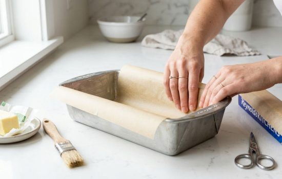Greasing and lining a 9x5-inch loaf pan with parchment paper.