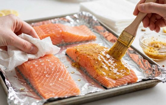 Patting salmon dry and brushing on the honey glaze