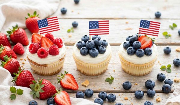 Cheesecake cupcakes styled on a picnic table