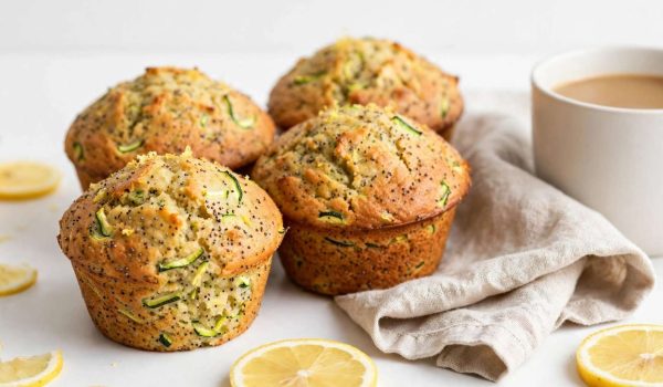 Lemon poppyseed zucchini muffins styled with coffee and lemon slices