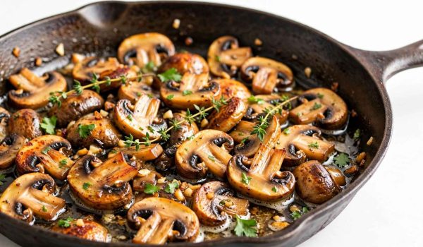 Garlic butter mushrooms with caramelized edges served in a skillet at a 45-degree angle.