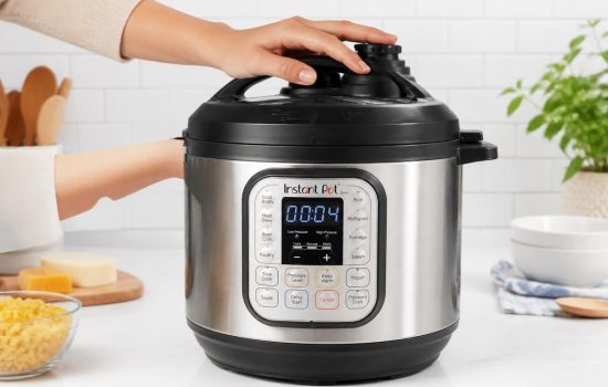 Hand closing lid of stainless steel Instant Pot and setting steam release valve to sealing position, Instant Pot digital display showing 4 minutes cooking time, bright natural light on white kitchen countertop