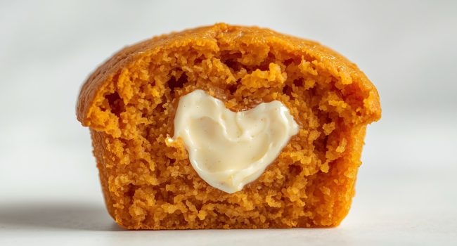 Golden pumpkin cream cheese muffins with cream cheese swirl on a white ceramic plate, white table.